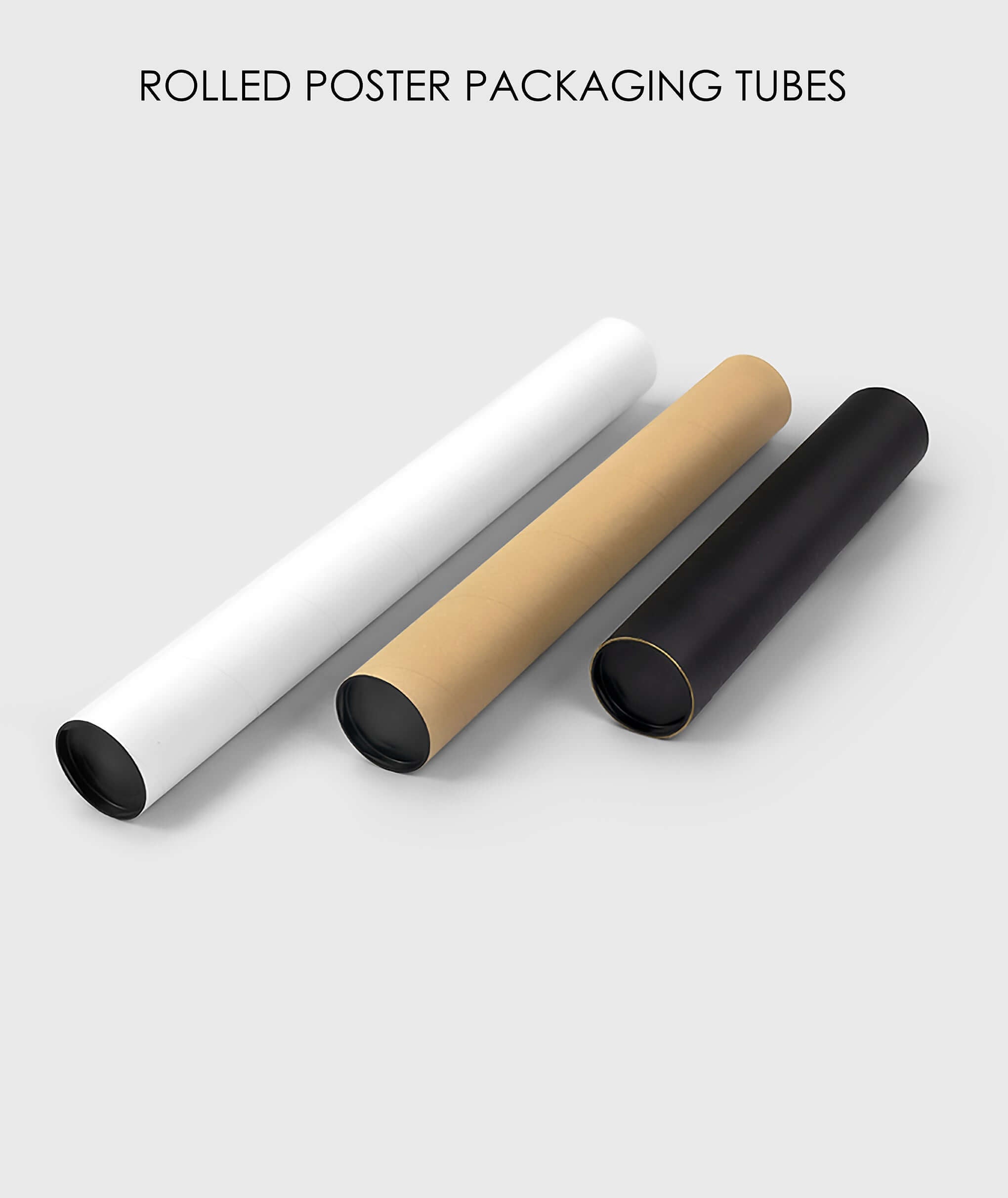 Rolled poster packaging tubes in white, brown, and black for safe art transport.