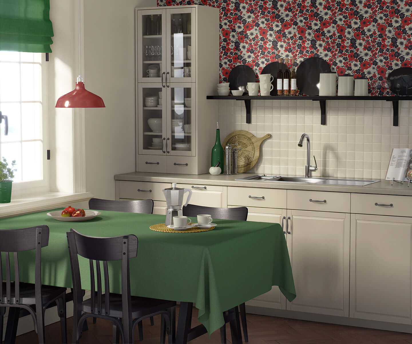 Contemporary kitchen with "Wild Poppy Passion" wallpaper featuring red poppies, black and white accents, adding flair to the space.