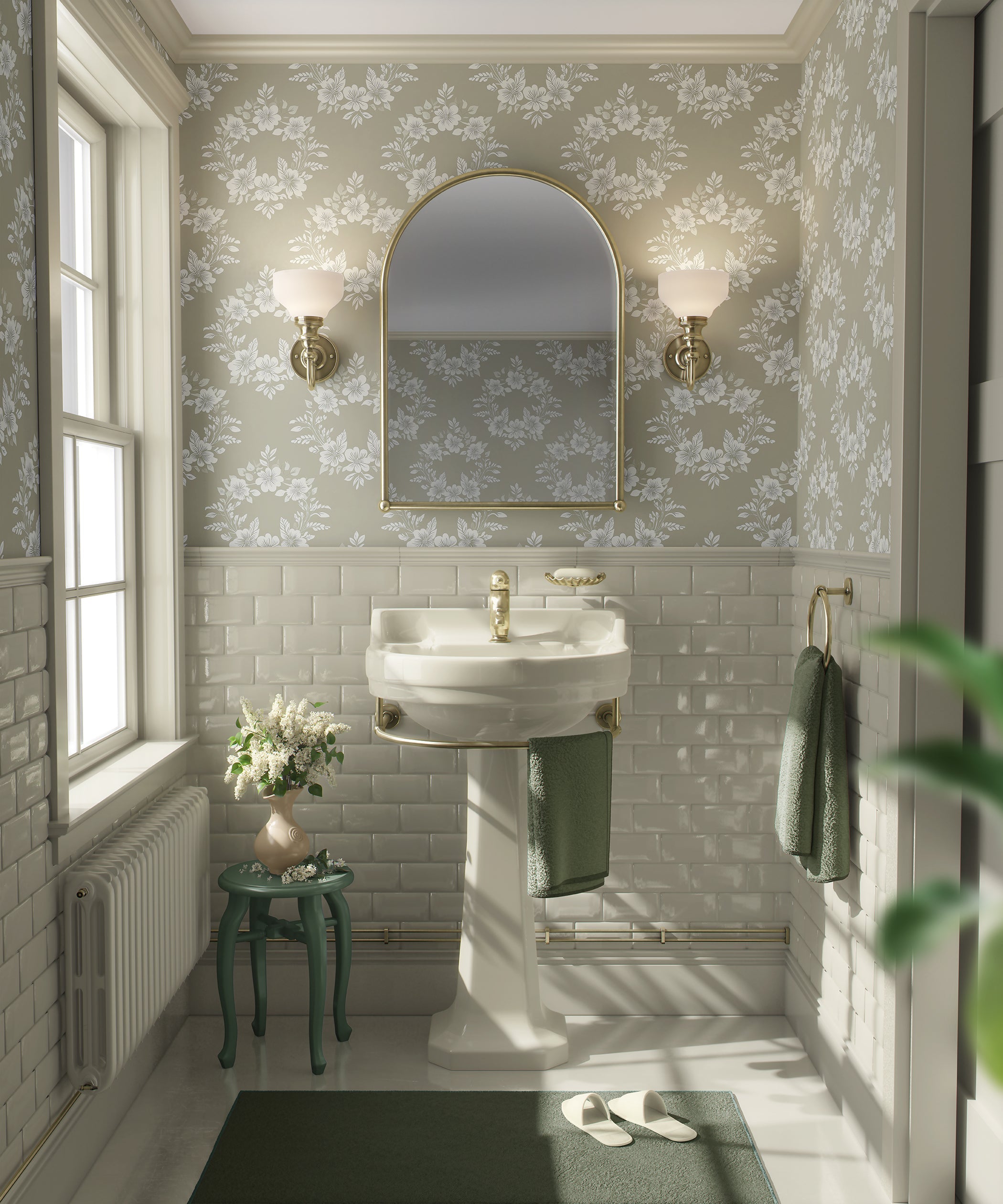 Bathroom with Delicate Bloom Collection wallpaper featuring white floral patterns on beige, laurel wreaths, and traditional elegance.