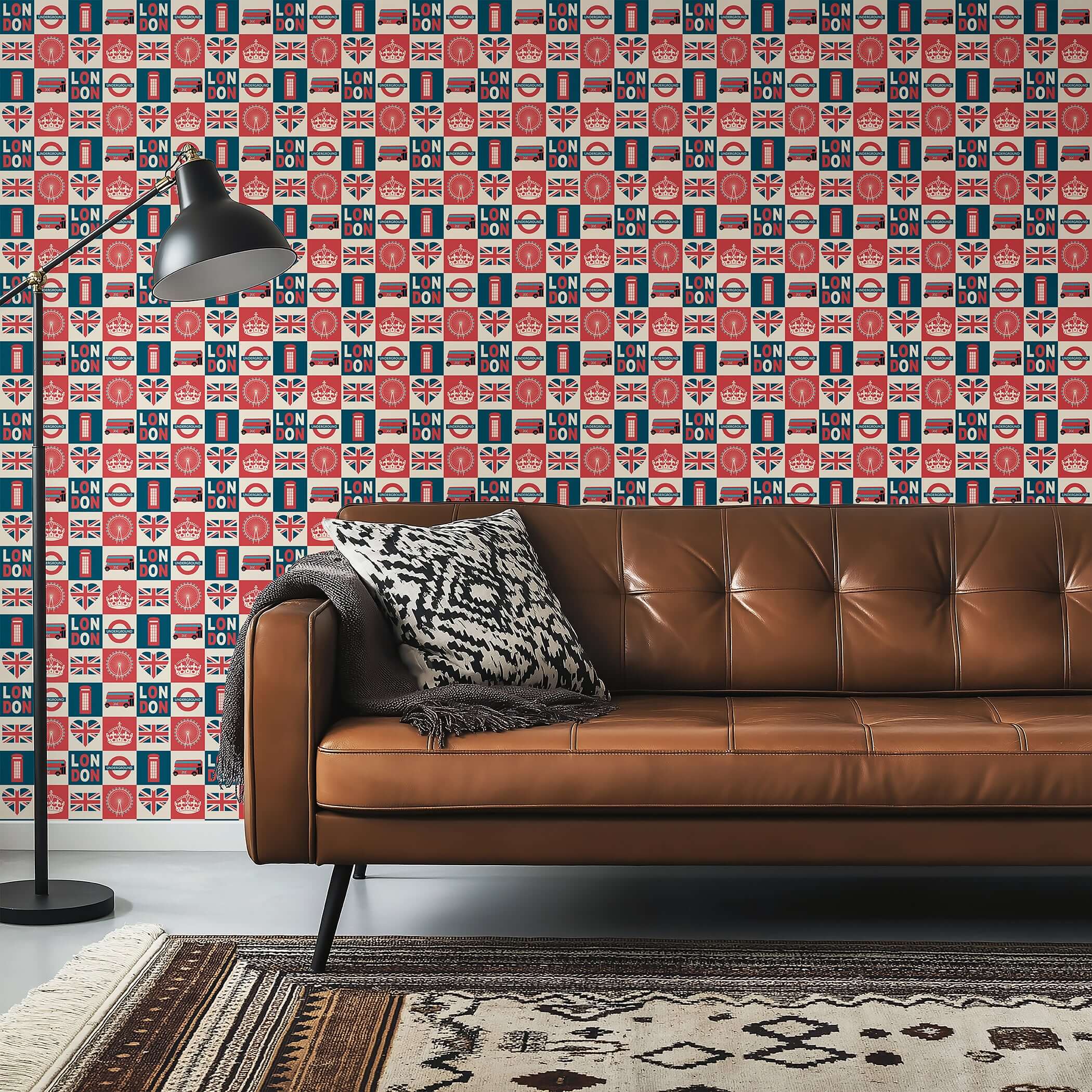 Modern London pop art wallpaper with red buses, Union Jacks, and Tube signs, ideal for accent walls in classic tones.