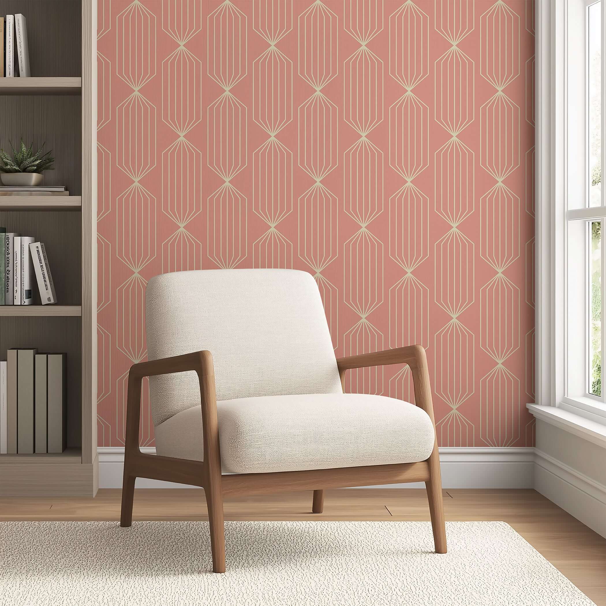 Mid-century modern wallpaper with geometric ivory prism shapes on a peach background, enhancing a cozy living space with an armchair.
