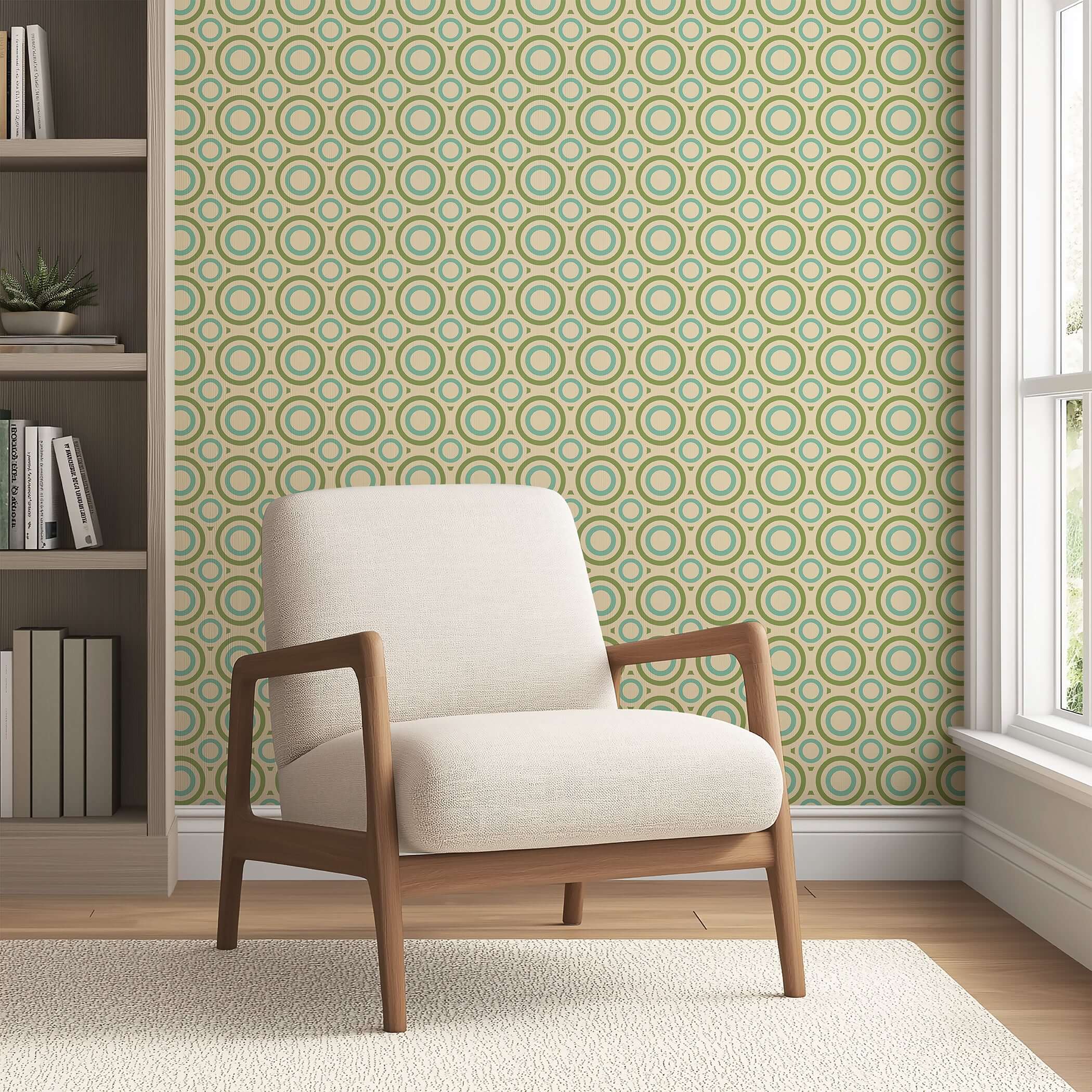 Mid-century modern retro wallpaper with green and teal concentric circles on a warm cream background, enhancing a cozy living space.