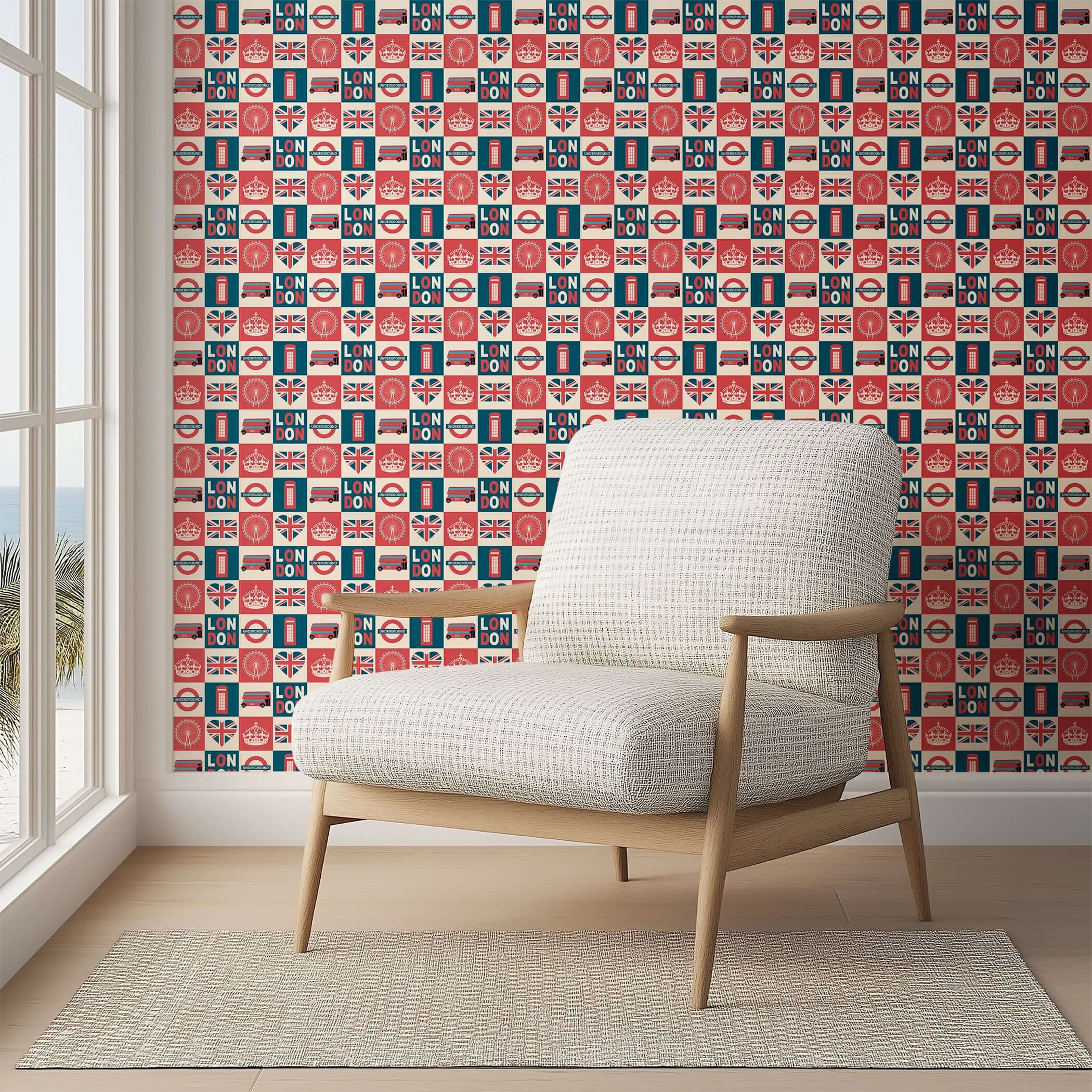 Brit Pop Blocks wallpaper featuring London icons in red, navy, and cream. Modern art design perfect for walls in kids' rooms.