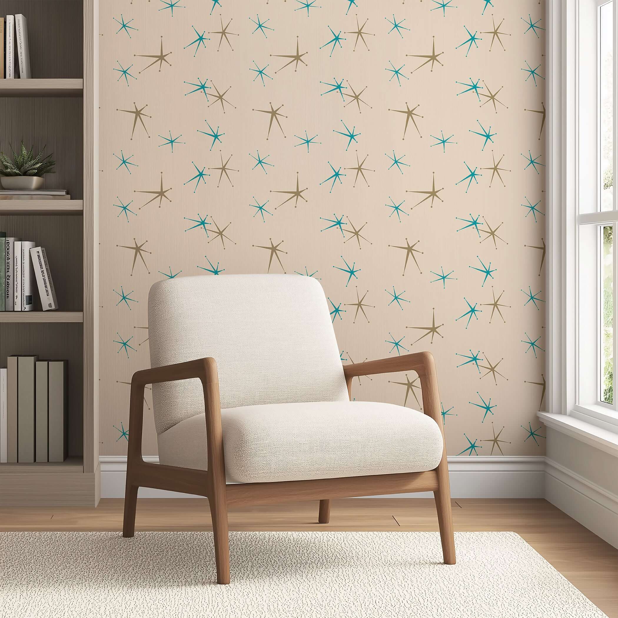 Mid-century modern wallpaper with teal and taupe starbursts on cream background, featuring retro geometric design in a cozy room.