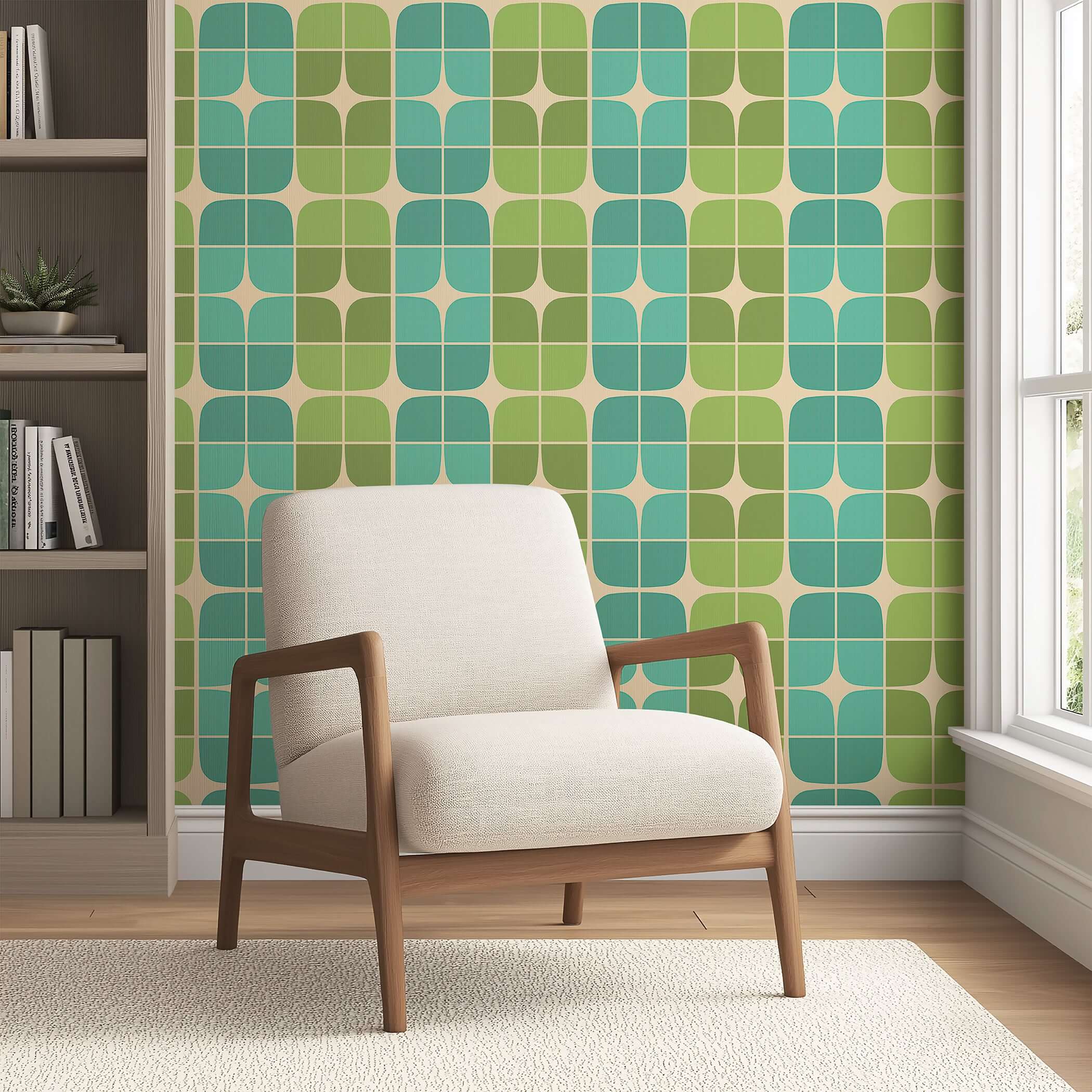 Mid-century modern geometric wallpaper in green and aqua blue with an armchair, reflecting retro design charm.