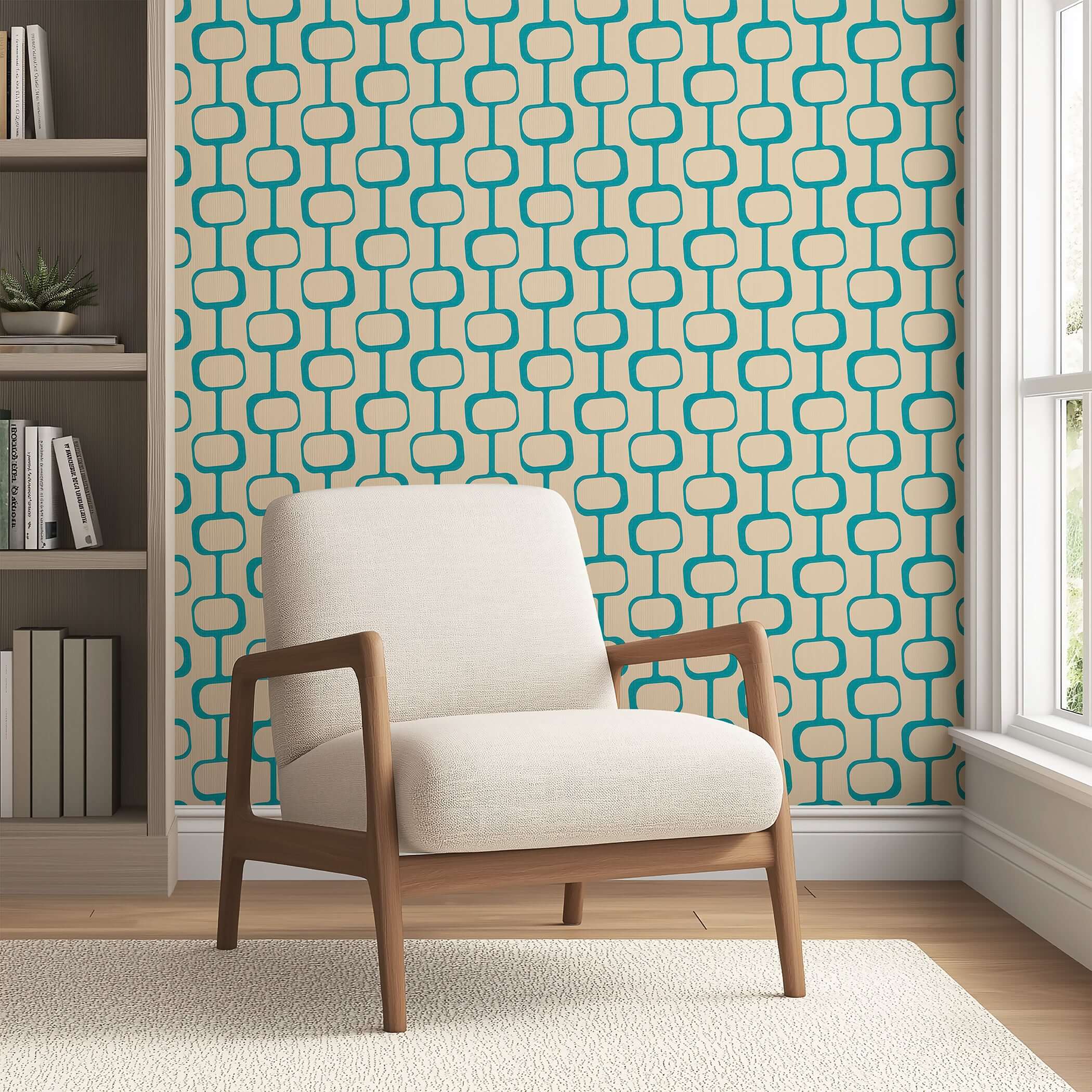 Palm Springs Modern wallpaper with geometric mid-century design in teal and beige, featuring a retro abstract pattern behind a chair.
