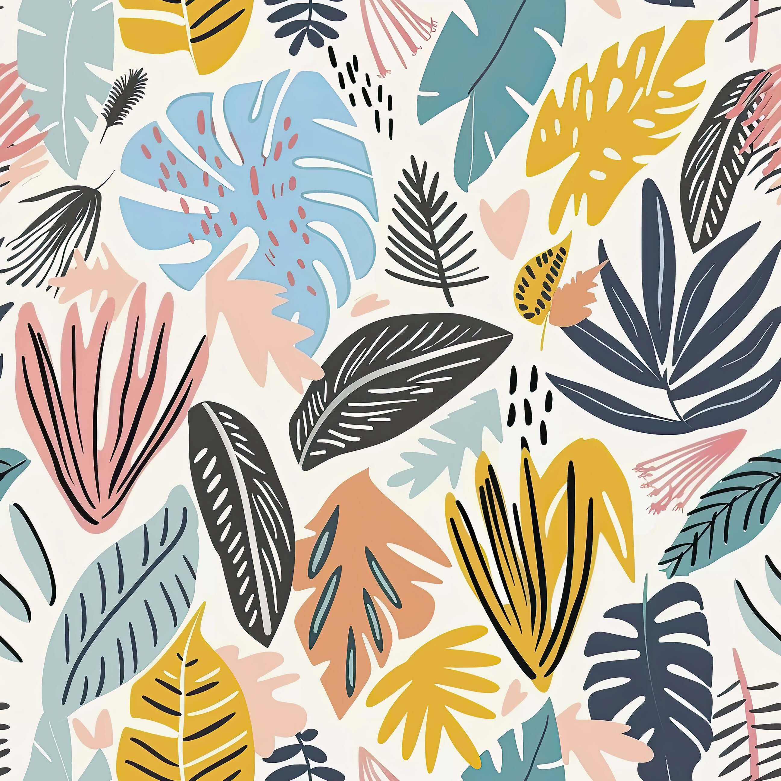 Vibrant boho tropical wallpaper with abstract leaves in teal, coral, mustard, and navy, perfect for a coastal bohemian design.