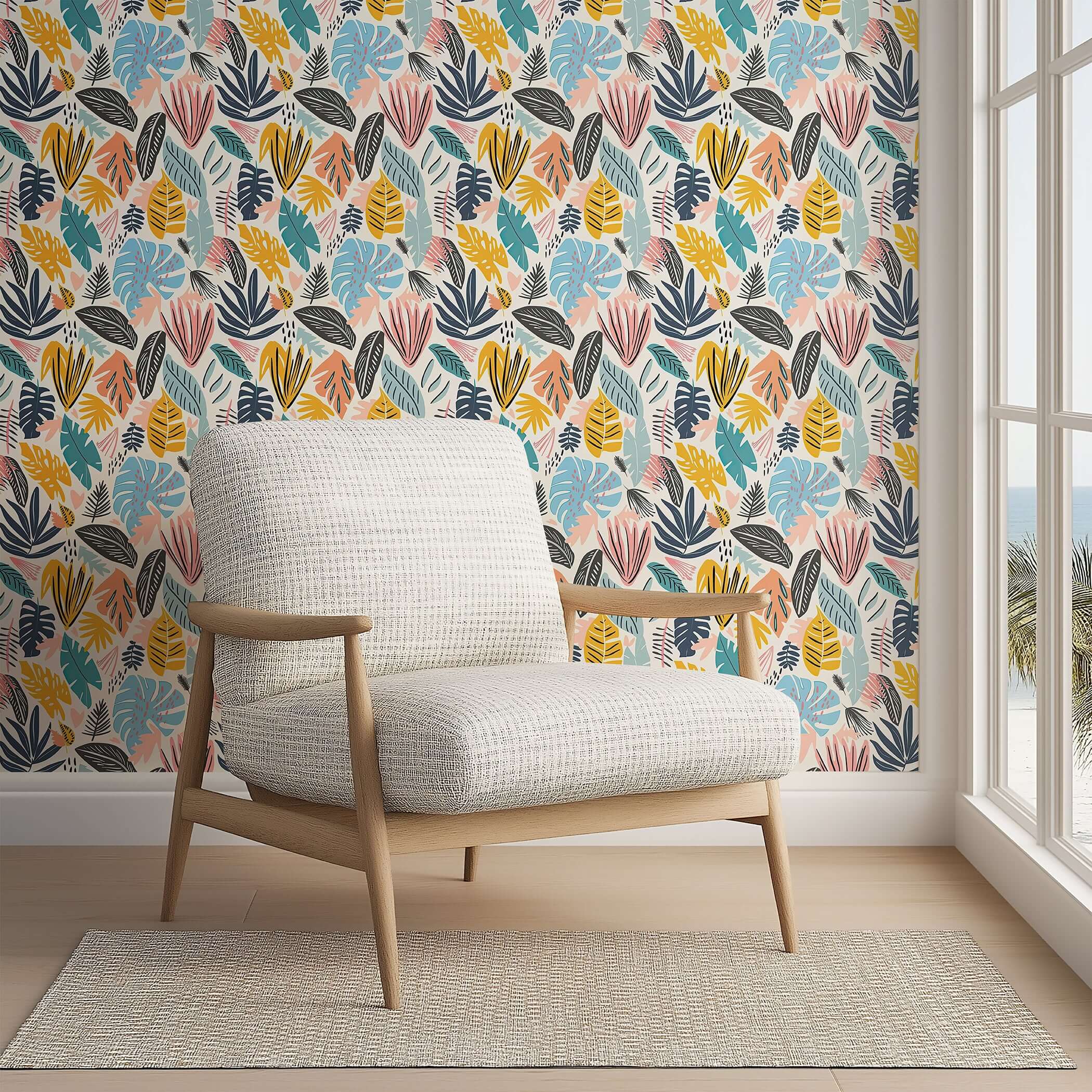Boho Tropical Retreat wallpaper with vibrant tropical leaves and bohemian design in teal, coral, mustard, and navy tones on coastal wall.