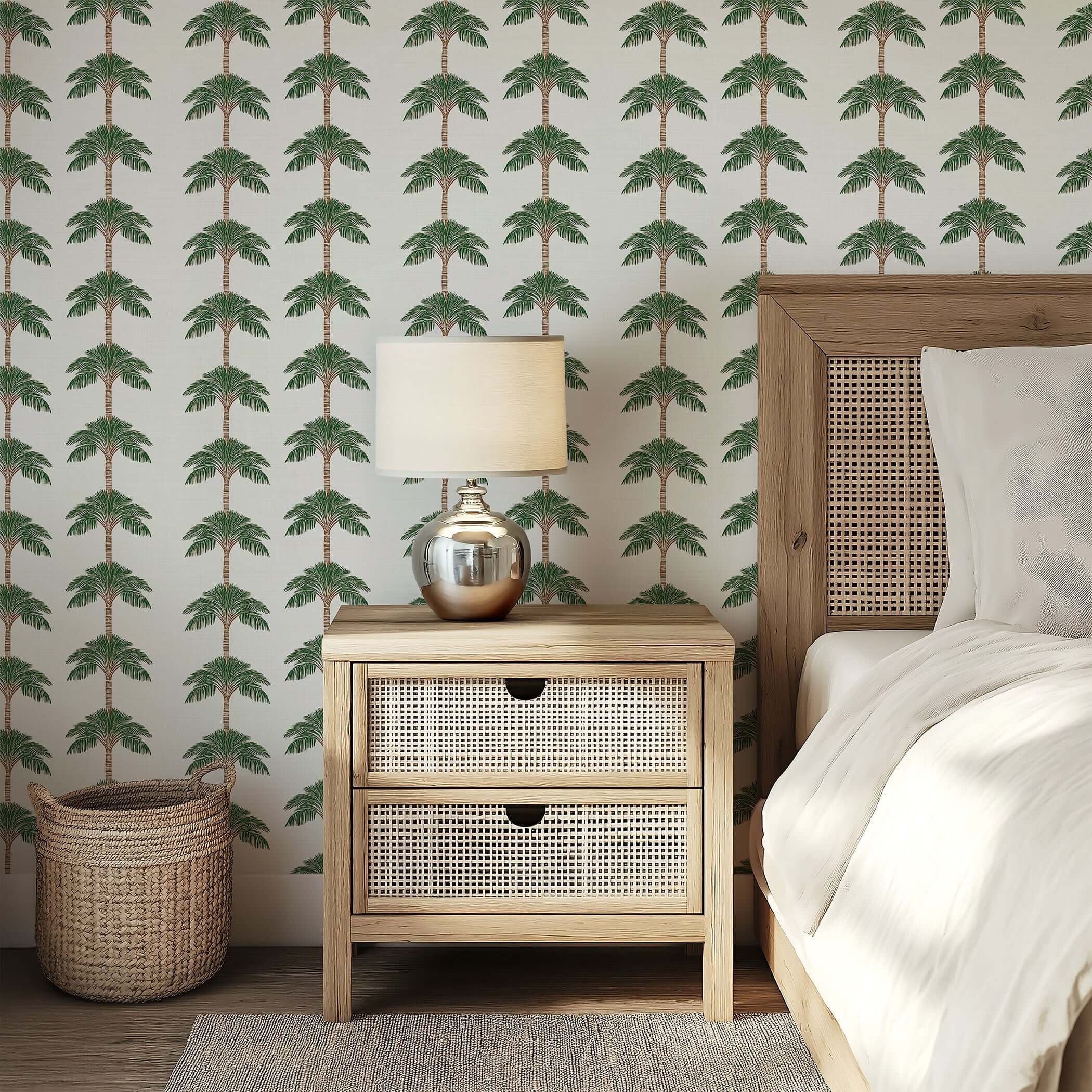 Elegant bedroom with Coastal Chic Palm Oasis wallpaper featuring palm trees, enhancing modern coastal design with a beach vibe.