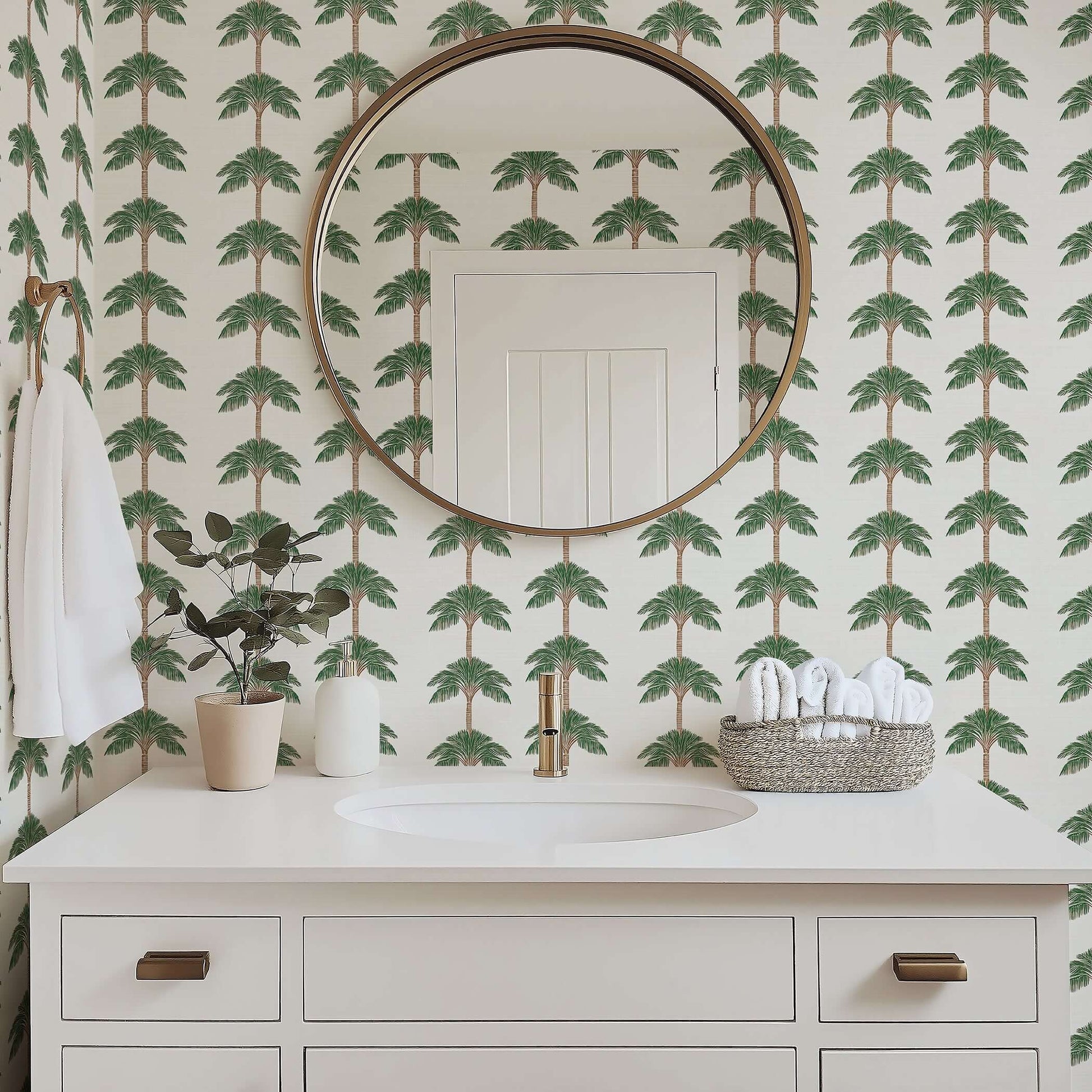 Elegant bathroom with Coastal Chic Palm Oasis wallpaper featuring palm trees, creating a modern coastal atmosphere with beach-inspired design.
