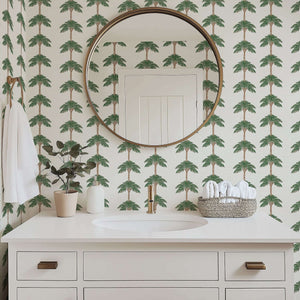 Elegant bathroom with Coastal Chic Palm Oasis wallpaper featuring palm trees, creating a modern coastal atmosphere with beach-inspired design.