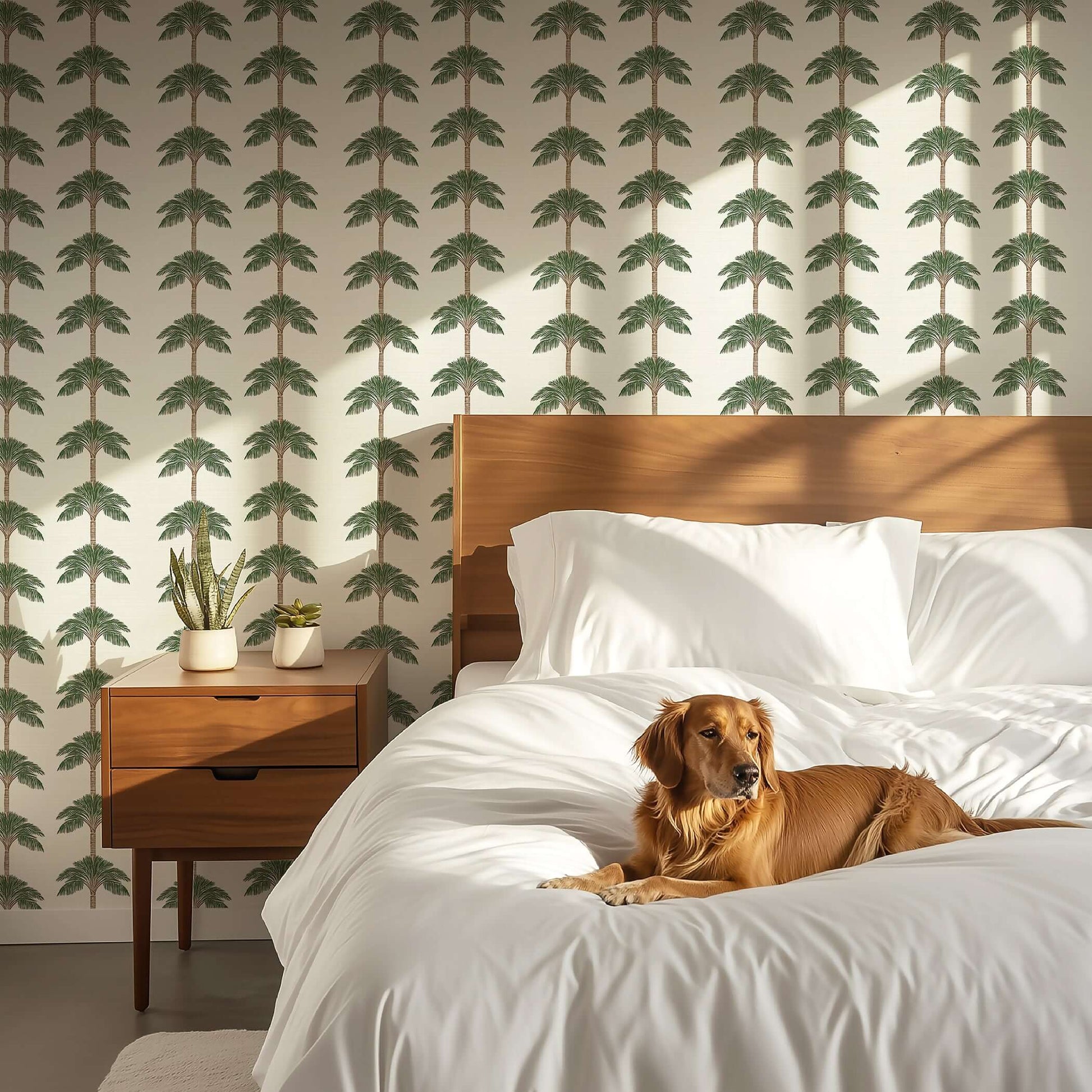 Modern bedroom featuring Coastal Chic Palm Oasis wallpaper with palm trees, blending coastal charm and luxury design.
