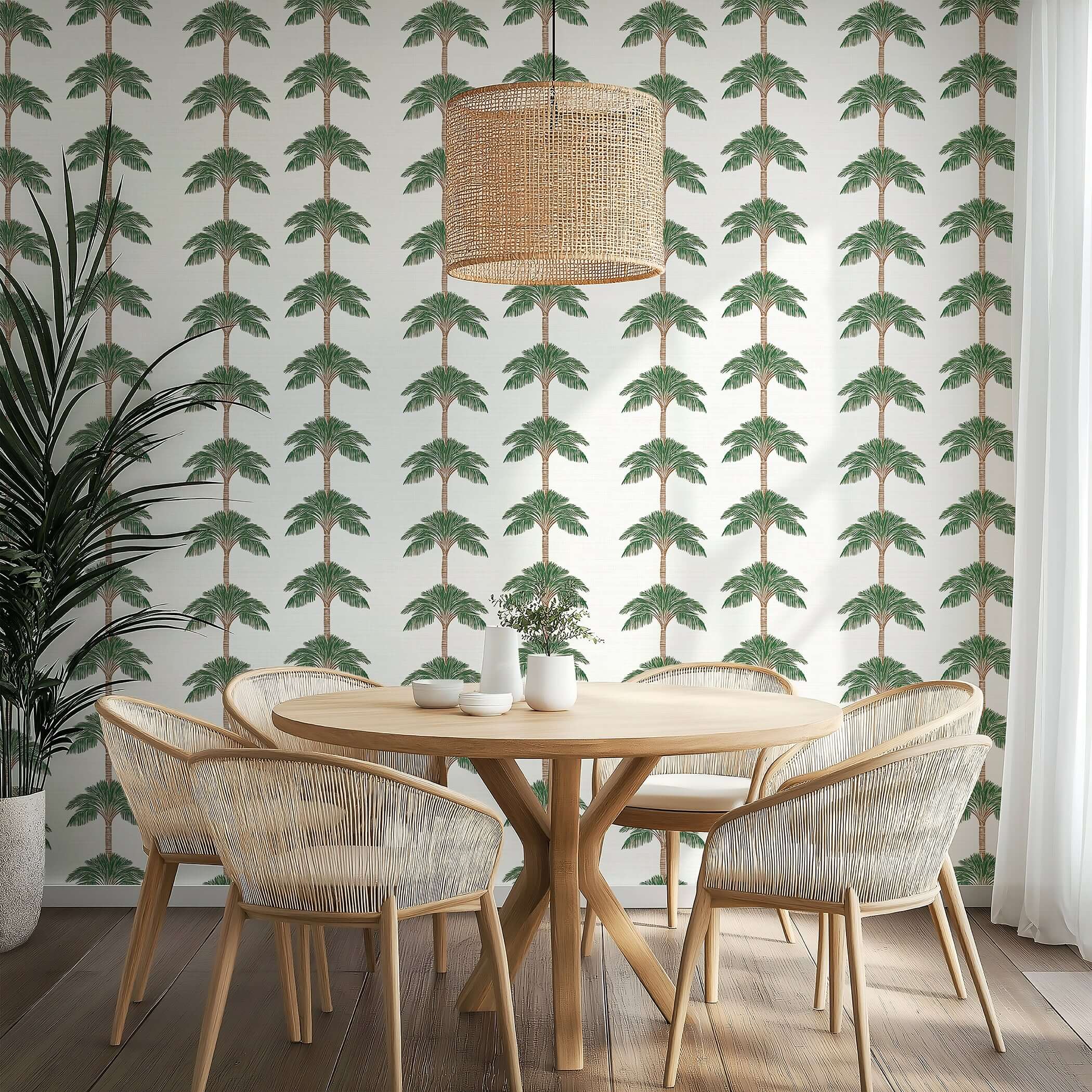 Dining area with palm tree wallpaper, enhancing coastal charm and modern design with beach-inspired decor.