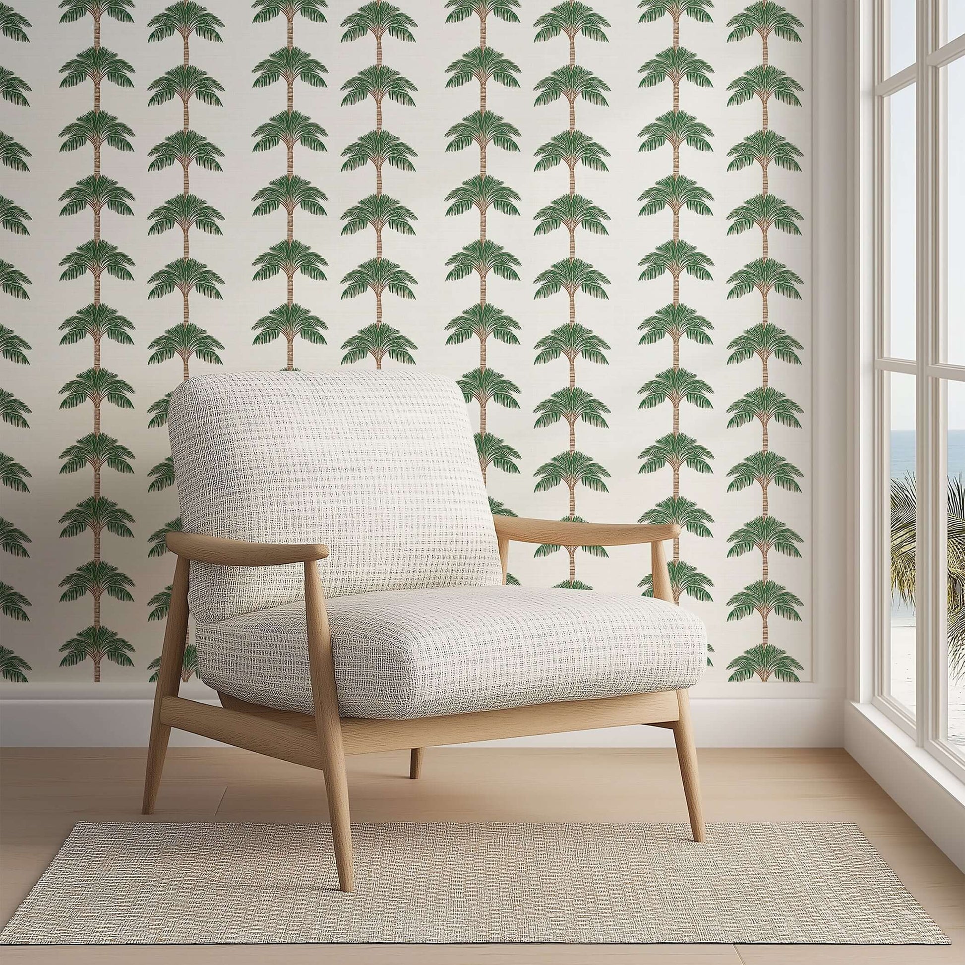 Modern coastal wallpaper with palm trees and chair, enhancing beach-inspired design with earthy tones.