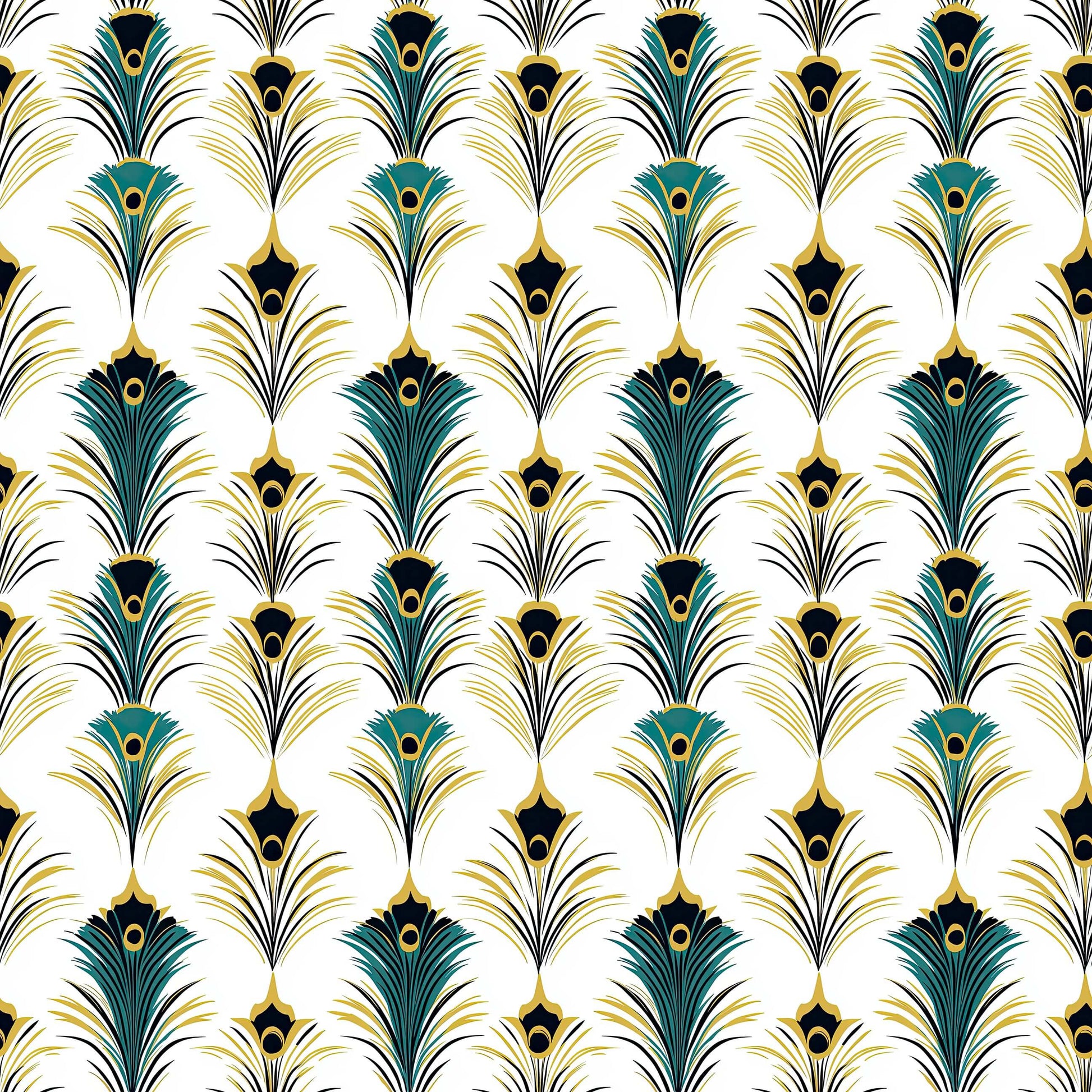 Art Deco wallpaper with teal, gold, and black geometric peacock feather design, perfect for stylish accent walls.