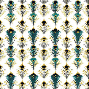 Art Deco wallpaper with teal, gold, and black geometric peacock feather design, perfect for stylish accent walls.