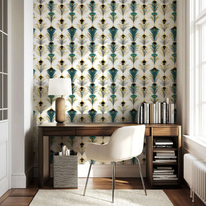 Art Deco wallpaper with teal, gold, and black geometric peacock feather pattern in a stylish room setting with desk and chair.