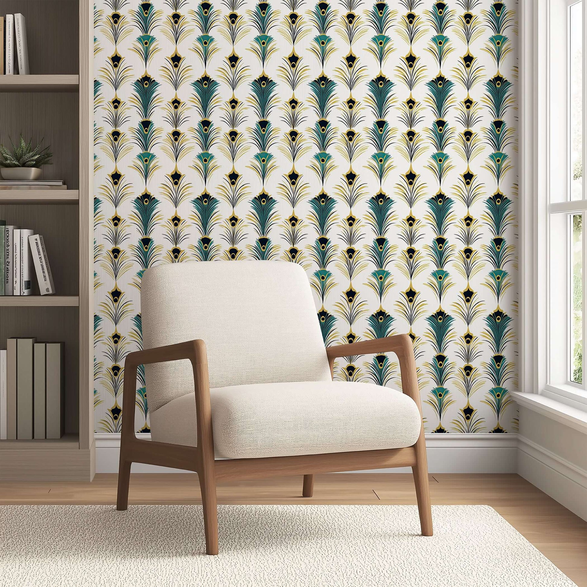 Art Deco wallpaper with peacock feather design in teal and gold, featuring a beige chair in a modern living space.