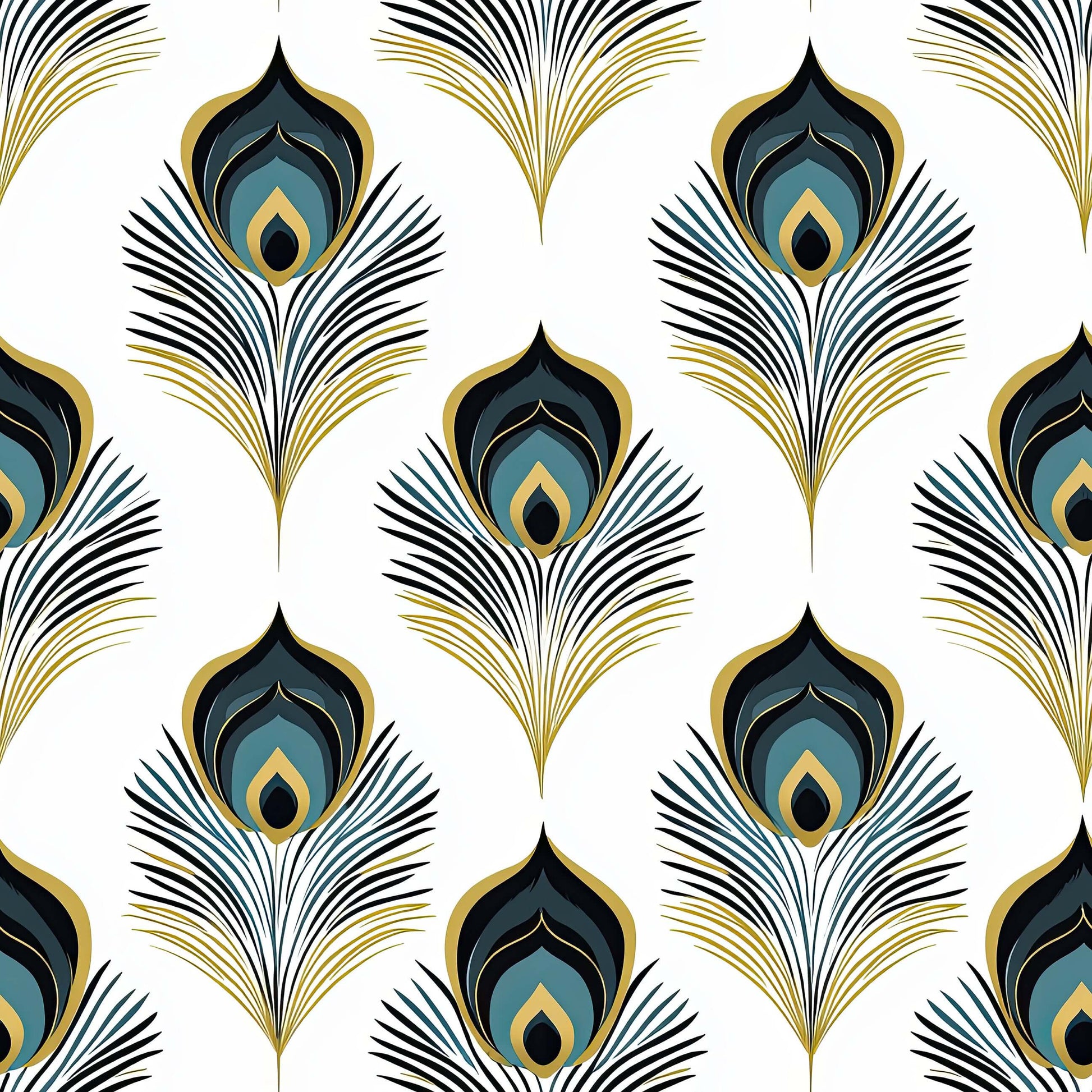 Art Deco wallpaper with teal and gold peacock feather design, showcasing sophisticated and luxurious bird patterns for interior decoration.