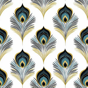 Art Deco wallpaper with teal and gold peacock feather design, showcasing sophisticated and luxurious bird patterns for interior decoration.