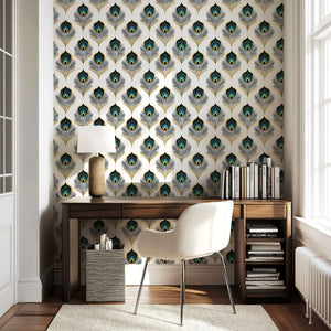 Art deco wallpaper with teal, gold, and black peacock feathers in a stylish room setting, enhancing elegance and luxury.