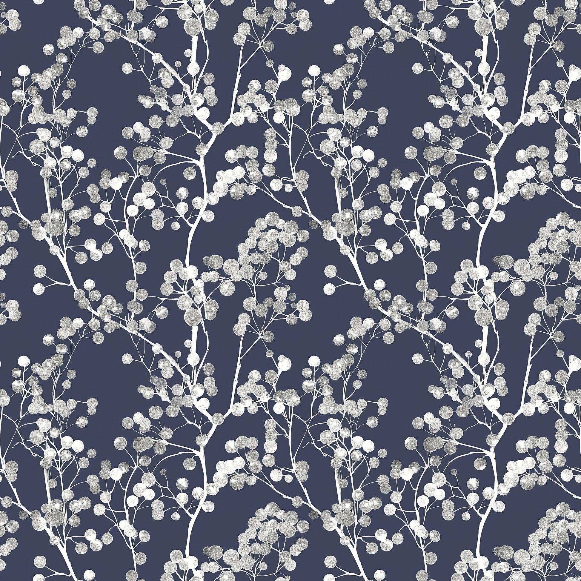 Silver branches on navy background create modern elegance in "Silver Whisper" wallpaper for contemporary spaces.