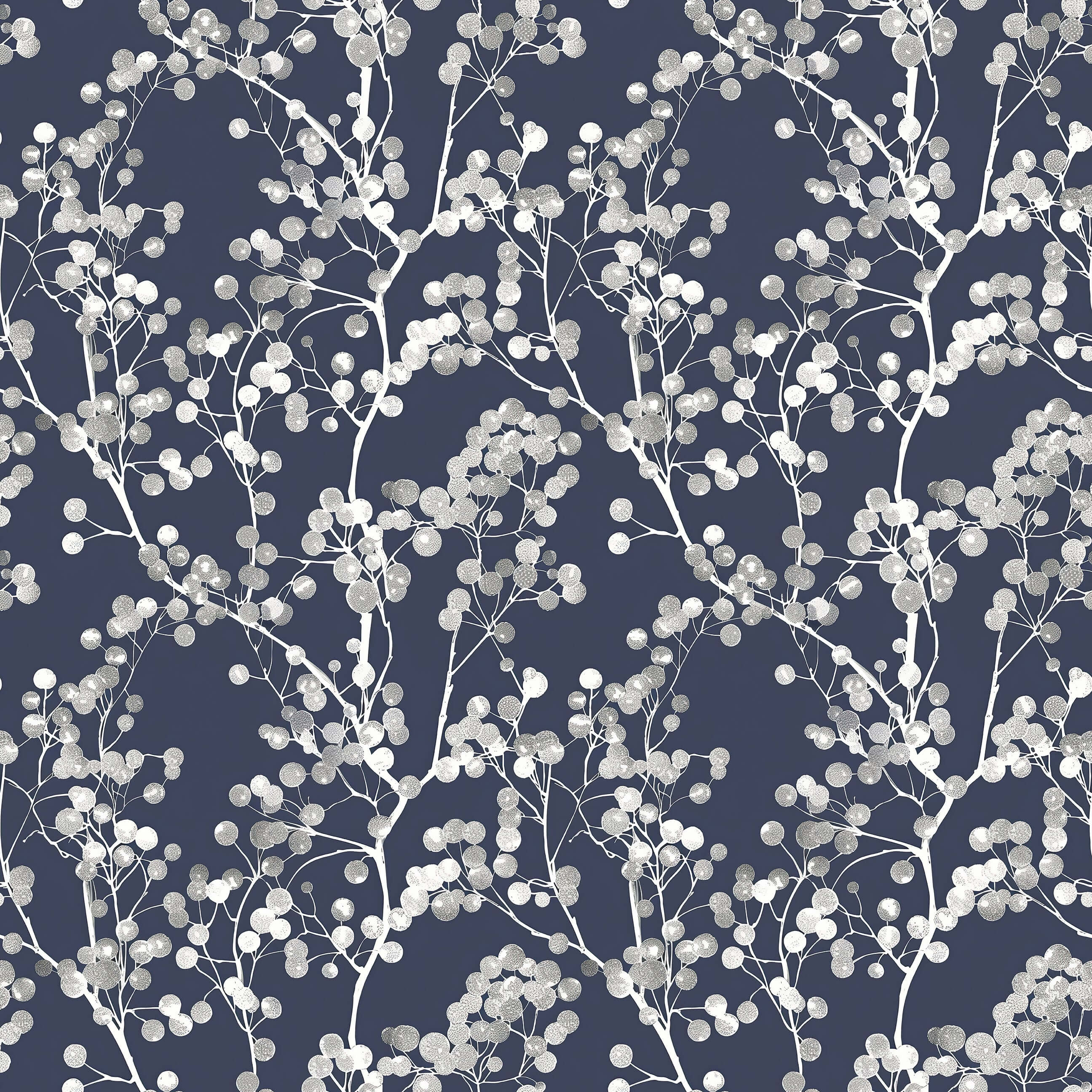 Silver branches on navy background create modern elegance in "Silver Whisper" wallpaper for contemporary spaces.