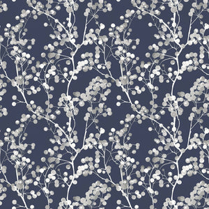 Silver branches on navy background create modern elegance in "Silver Whisper" wallpaper for contemporary spaces.