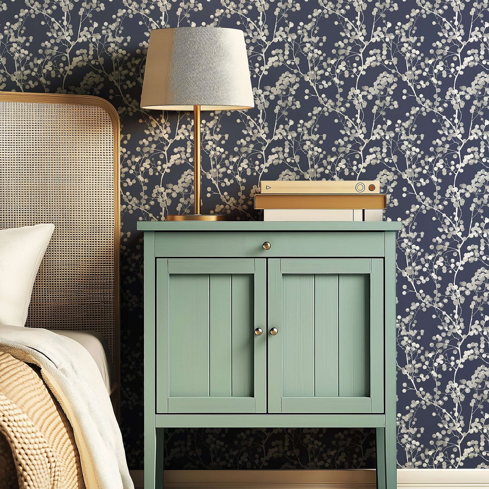 Elegant room with Silver Whisper wallpaper featuring silver branches on a navy background, enhancing modern and contemporary interiors.