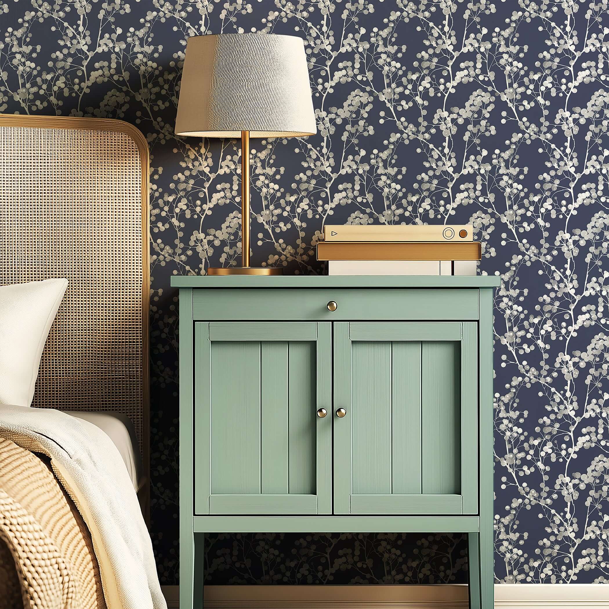 Elegant room with Silver Whisper wallpaper featuring silver branches on a navy background, enhancing modern and contemporary interiors.