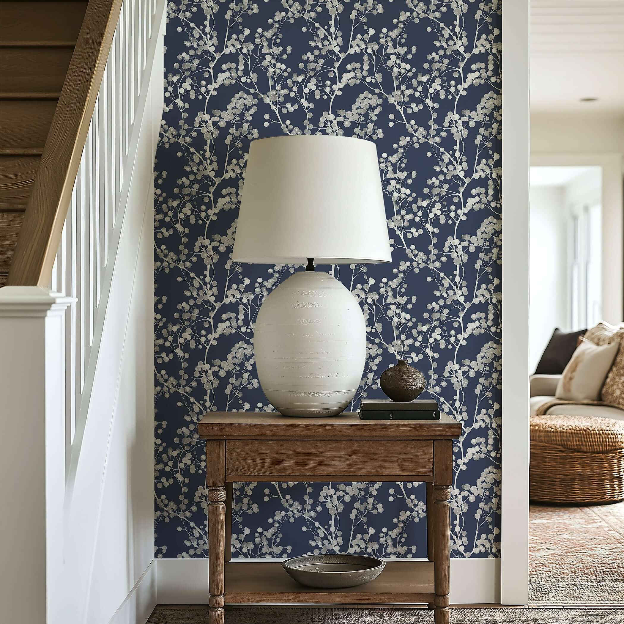 Silver Whisper wallpaper with silver branches on navy background, enhancing a modern and contemporary home interior.