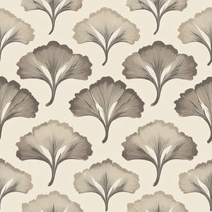 Ginkgo Grace Wallpaper features art deco ginkgo flowers in brown, showcasing delicate floral patterns for elegant interior decor.