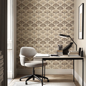 Office with Ginkgo Grace wallpaper featuring art deco floral design in neutral brown tones, enhancing elegance and tranquility.
