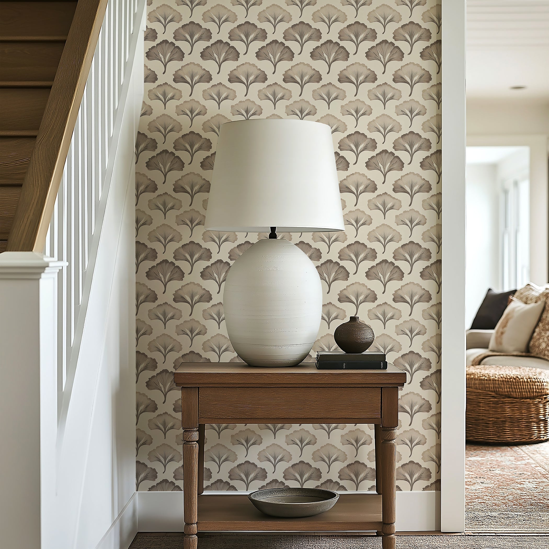 Ginkgo Grace Wallpaper featuring art deco ginkgo flower pattern, in calming neutral browns, enhancing hallway decor with elegance.