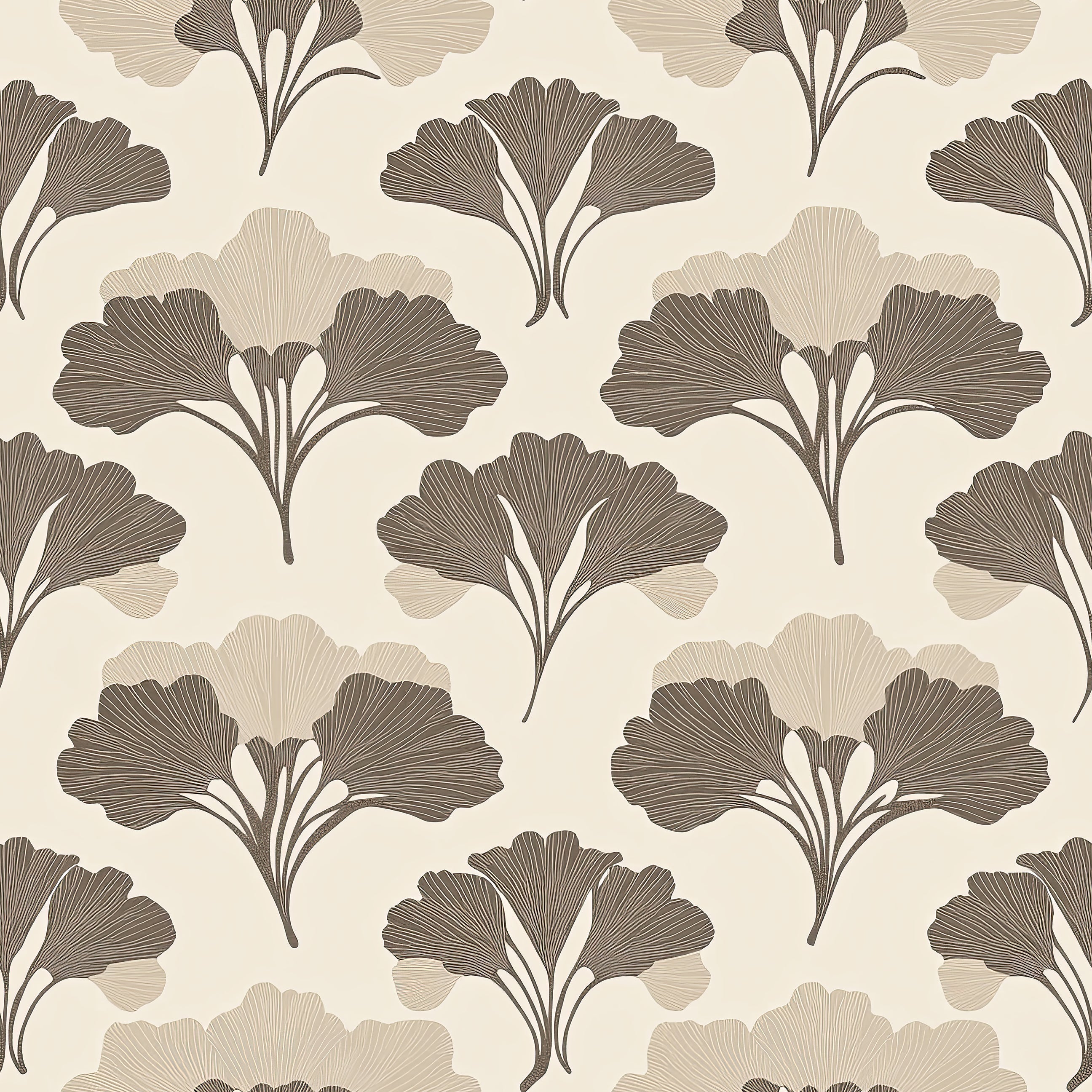 Elegant Tranquil Ginkgo wallpaper with brown Art Deco floral pattern, featuring ginkgo flowers and leaves, perfect for serene spaces.