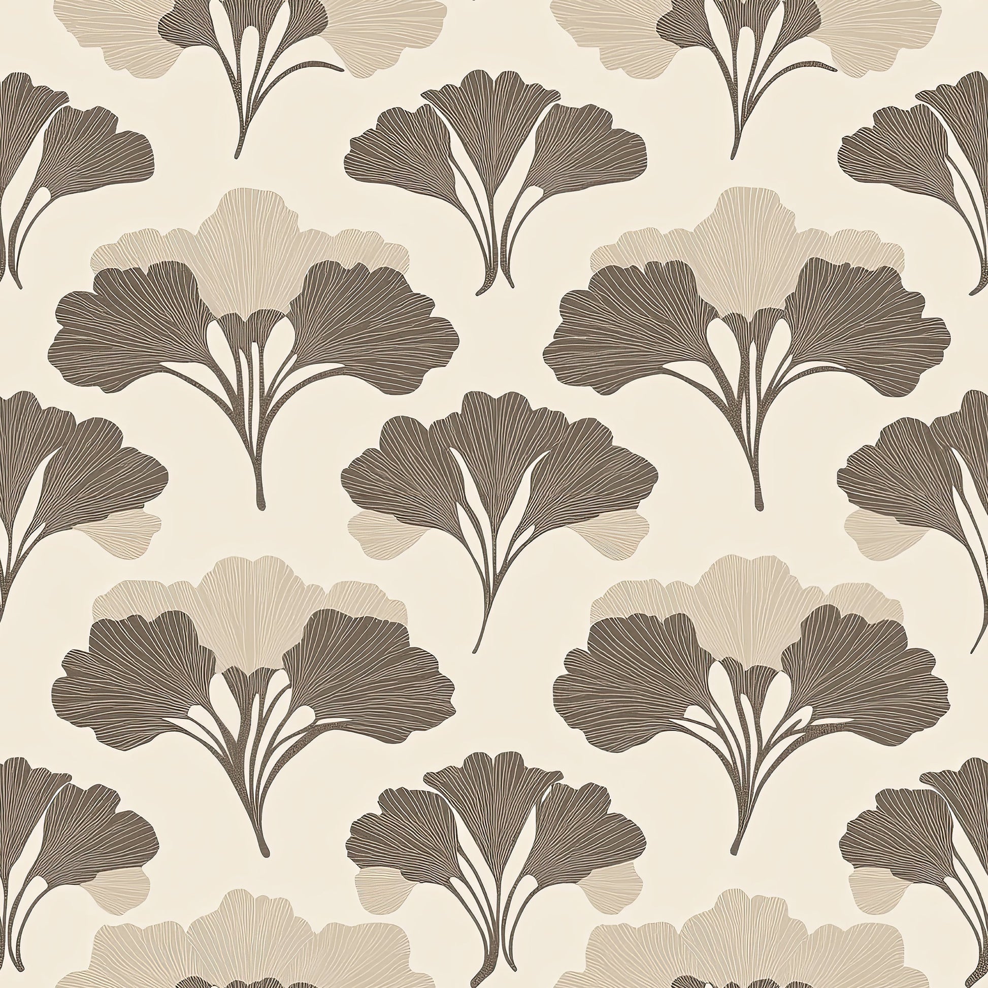 Elegant Tranquil Ginkgo wallpaper with brown Art Deco floral pattern, featuring ginkgo flowers and leaves, perfect for serene spaces.