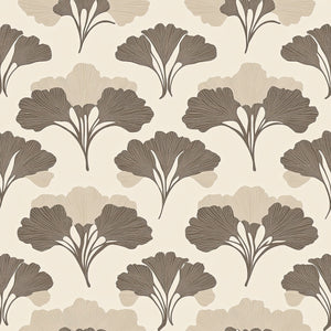 Elegant Tranquil Ginkgo wallpaper with brown Art Deco floral pattern, featuring ginkgo flowers and leaves, perfect for serene spaces.