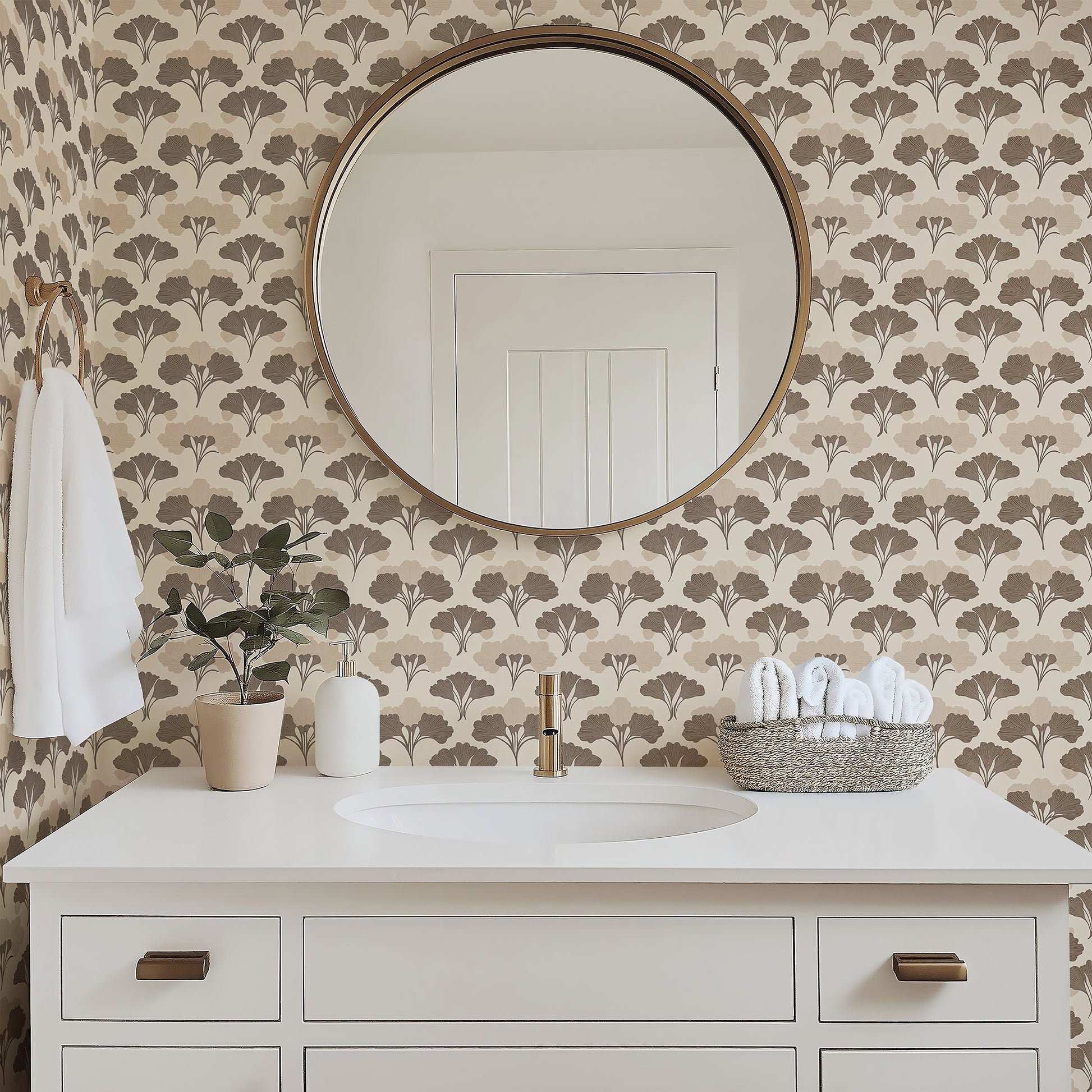 Tranquil Ginkgo wallpaper with brown art deco floral pattern adorns bathroom wall, enhancing the serene and elegant spa-like atmosphere.