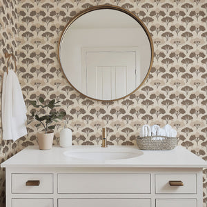Tranquil Ginkgo wallpaper with brown art deco floral pattern adorns bathroom wall, enhancing the serene and elegant spa-like atmosphere.