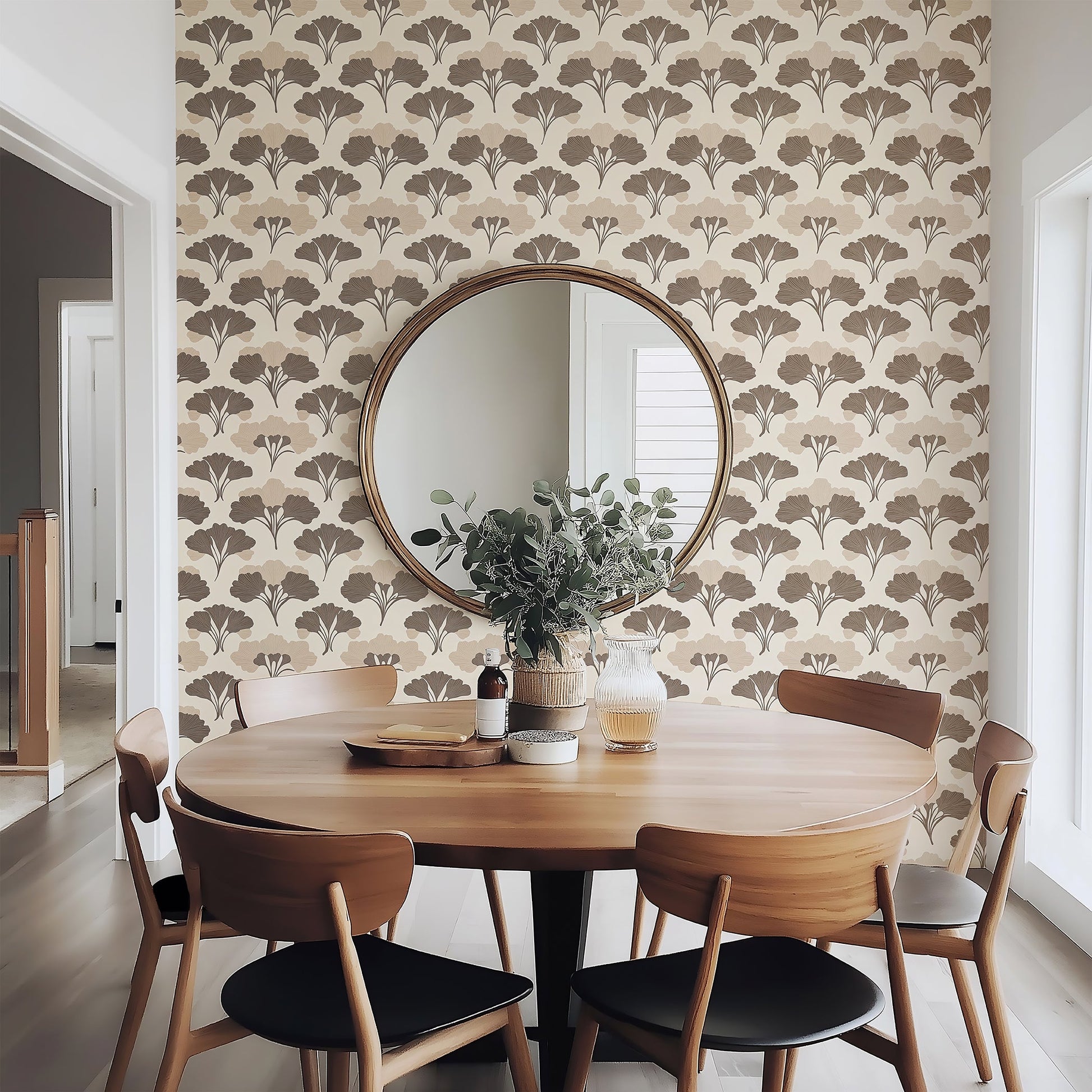 Dining room with Tranquil Ginkgo wallpaper, featuring art deco floral patterns in brown tones, creating a peaceful atmosphere.