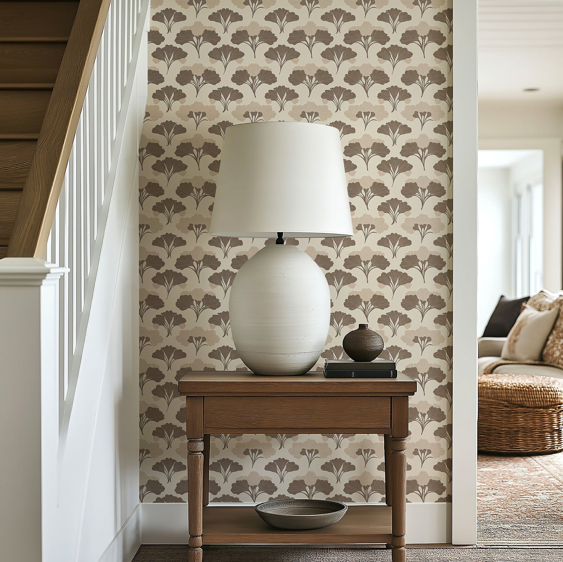 Stylish entryway with Tranquil Ginkgo floral art deco wallpaper, featuring soft earth-toned ginkgo leaves and elegant brown patterns.