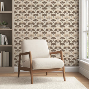 Tranquil Ginkgo wallpaper with art deco floral pattern in soft browns, enhancing a serene living room atmosphere.