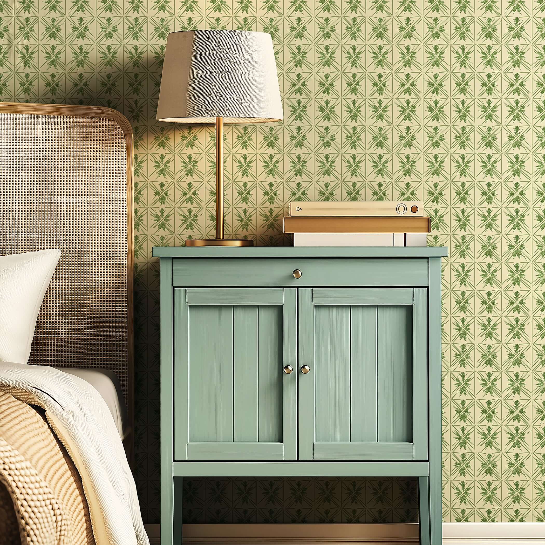 Green geometric wallpaper with botanical patterns behind a bedside table and lamp.