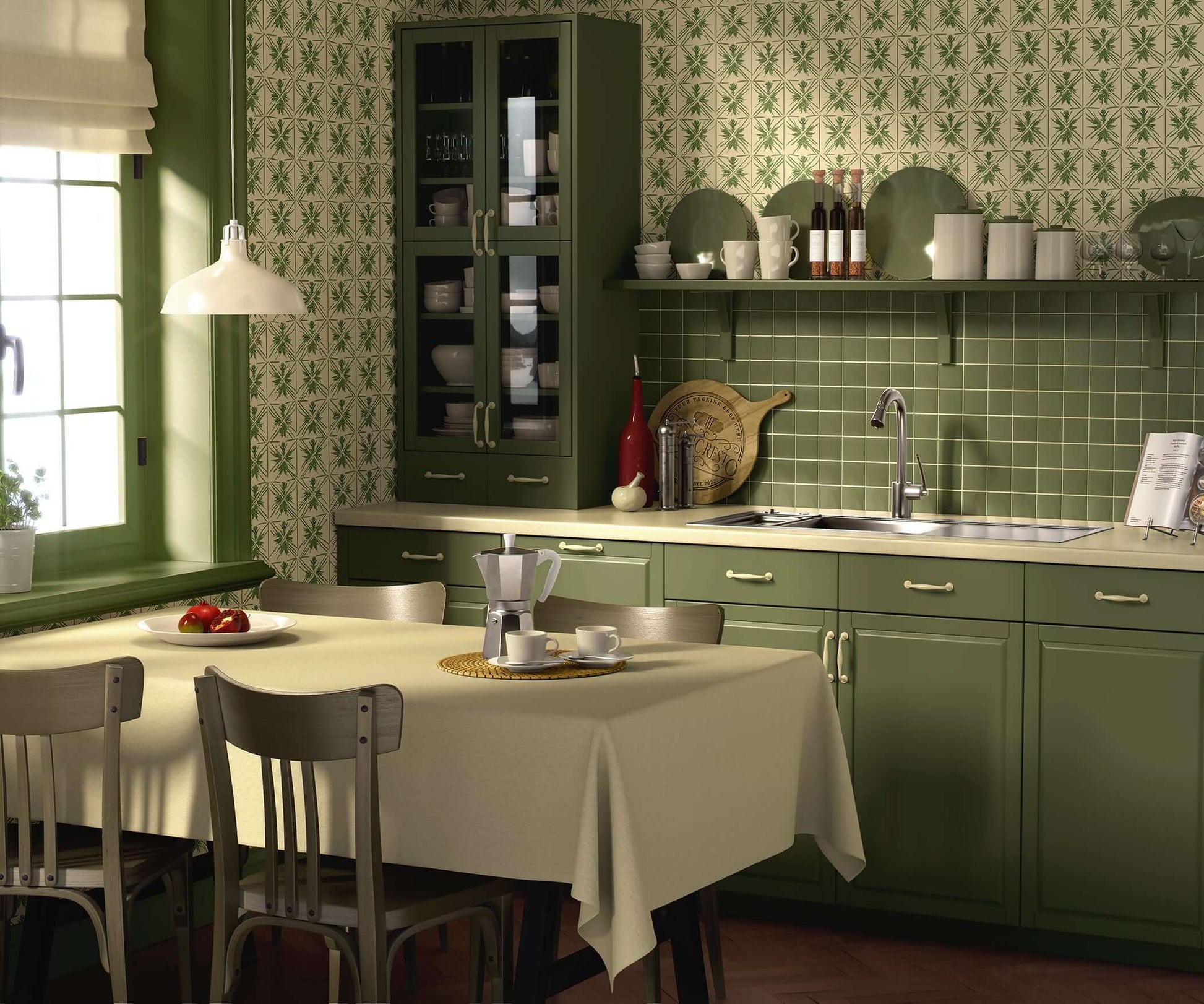 Green kitchen featuring Geometric Greenery wallpaper with botanical patterns, blending natural elegance and geometric balance for a fresh look.