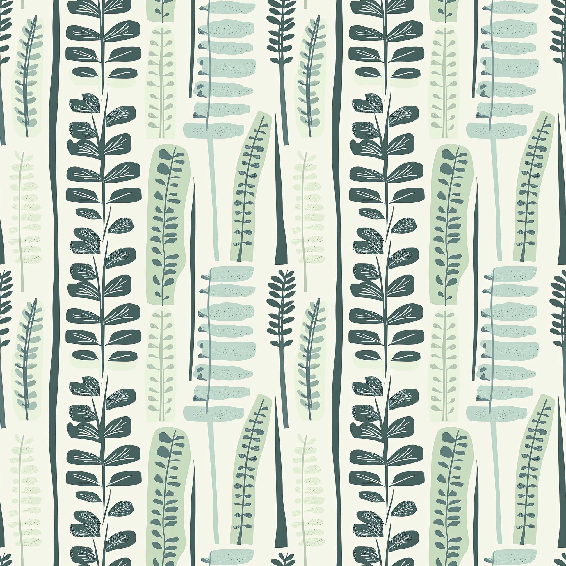 Modern Meadow wallpaper features abstract leaves in calming greens, perfect for mid-century modern or retro décor, ideal for accent walls.