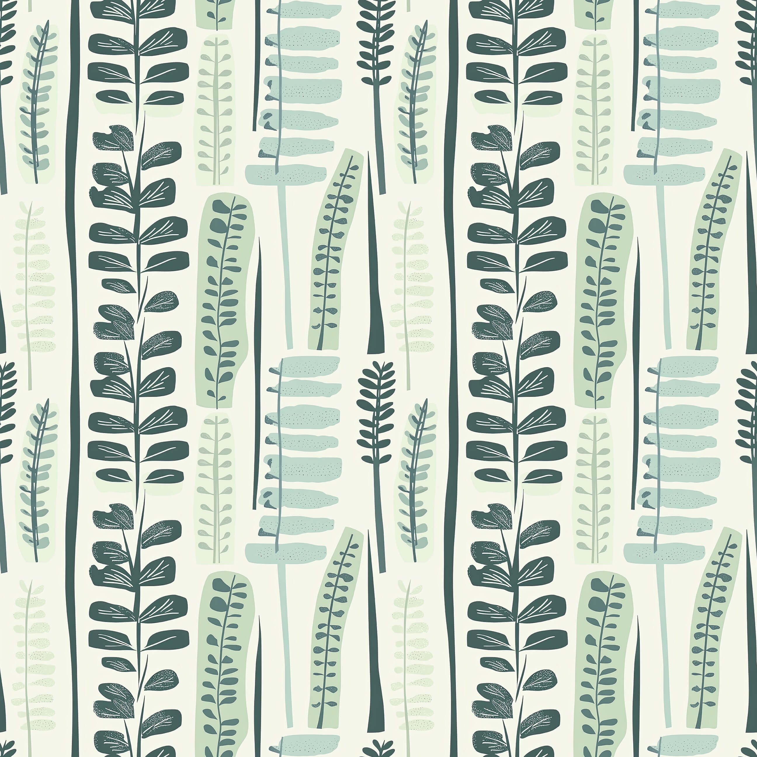 Modern Meadow wallpaper features abstract leaves in calming greens, perfect for mid-century modern or retro décor, ideal for accent walls.