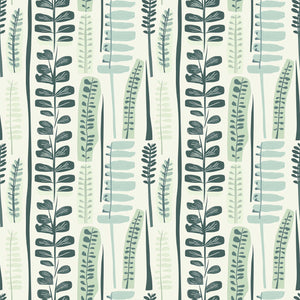 Modern Meadow wallpaper features abstract leaves in calming greens, perfect for mid-century modern or retro décor, ideal for accent walls.