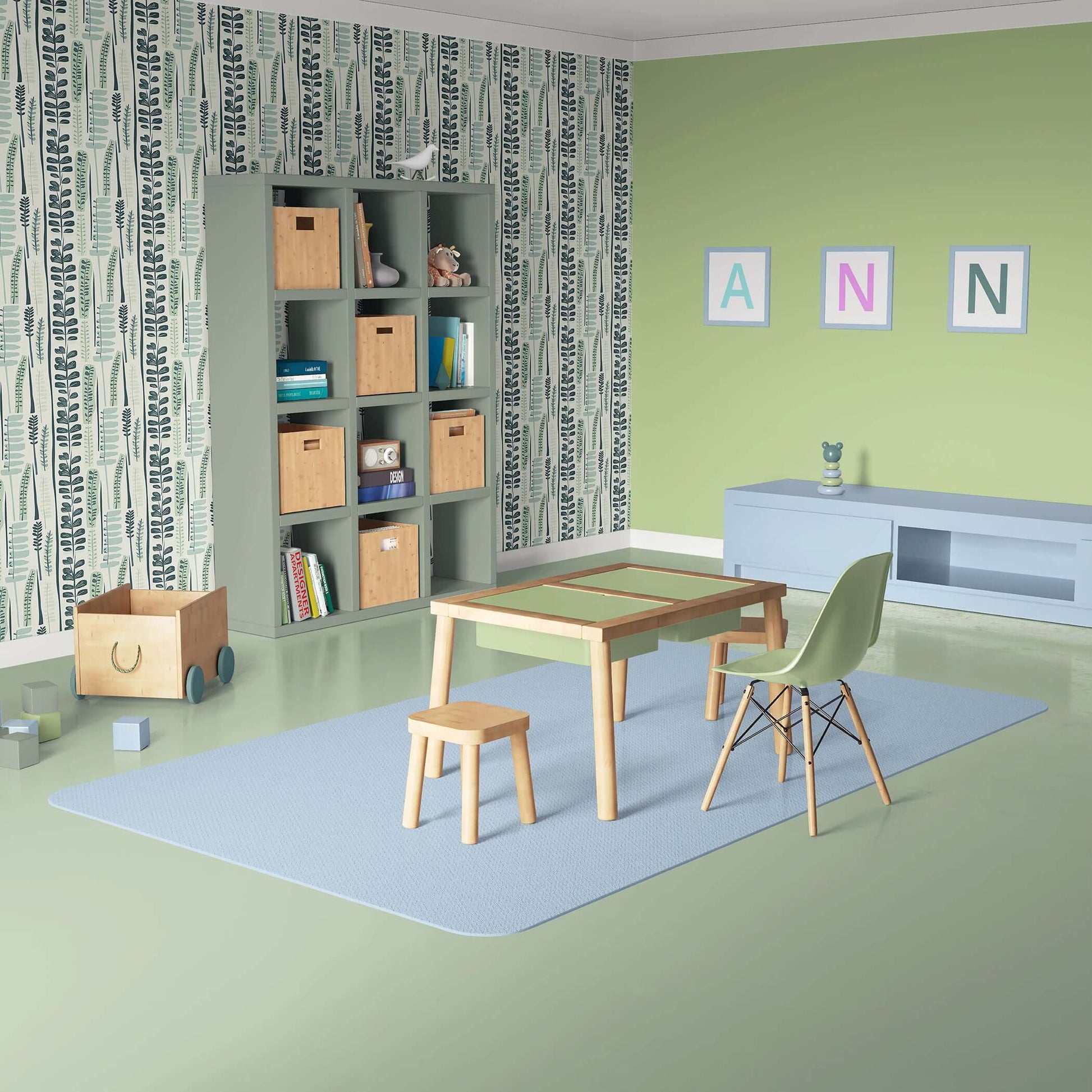 Modern Meadow wallpaper with abstract plants in a child-friendly room, featuring mid-century modern design and retro leaves.