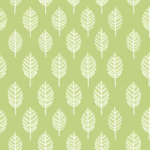 Spring Leaf wallpaper featuring white leaf silhouettes on green, perfect for a playroom nursery with an abstract modern design.