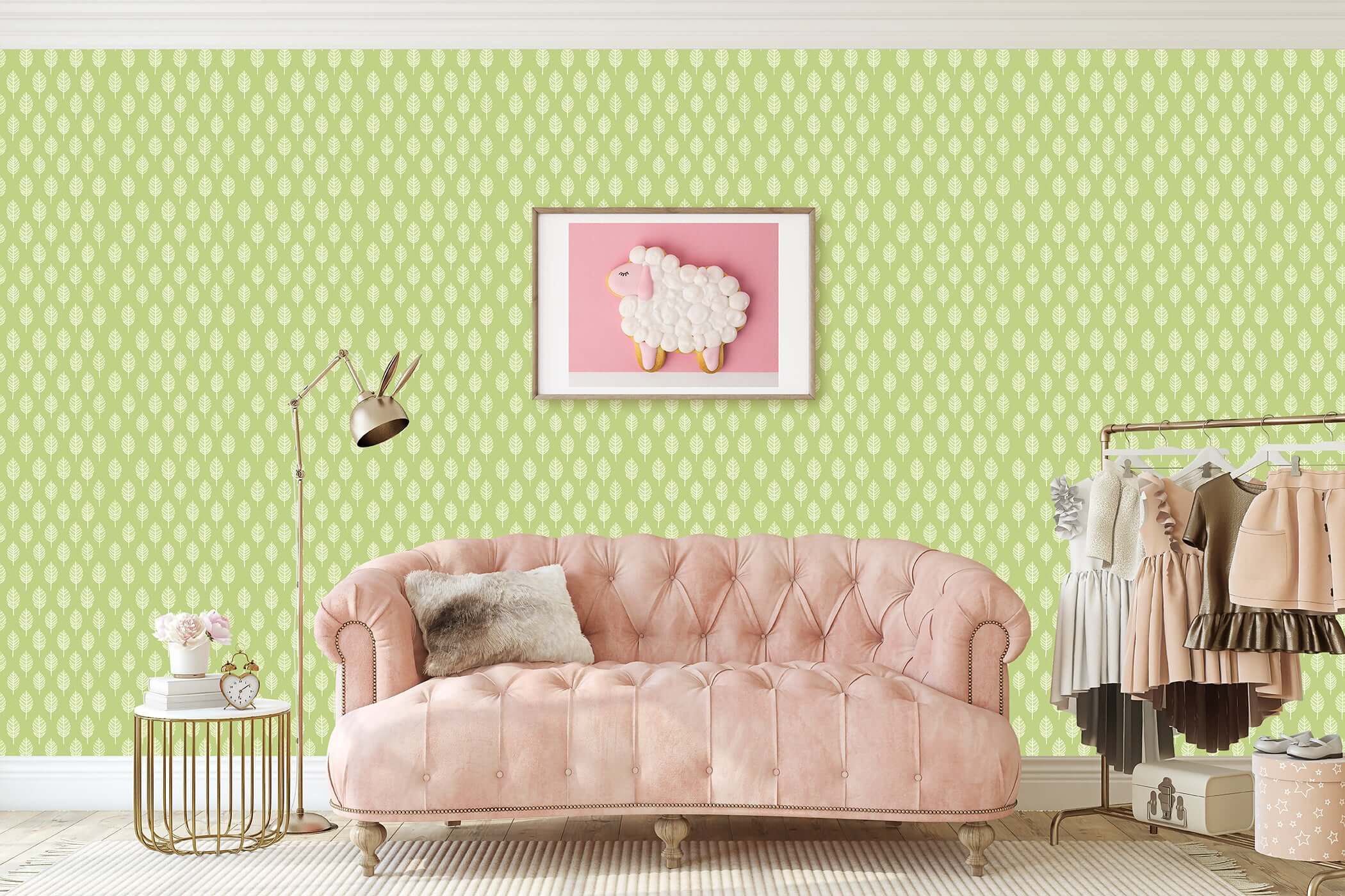 Pink couch in playroom with abstract green leaf wallpaper, modern design for children, peel-and-stick decor.